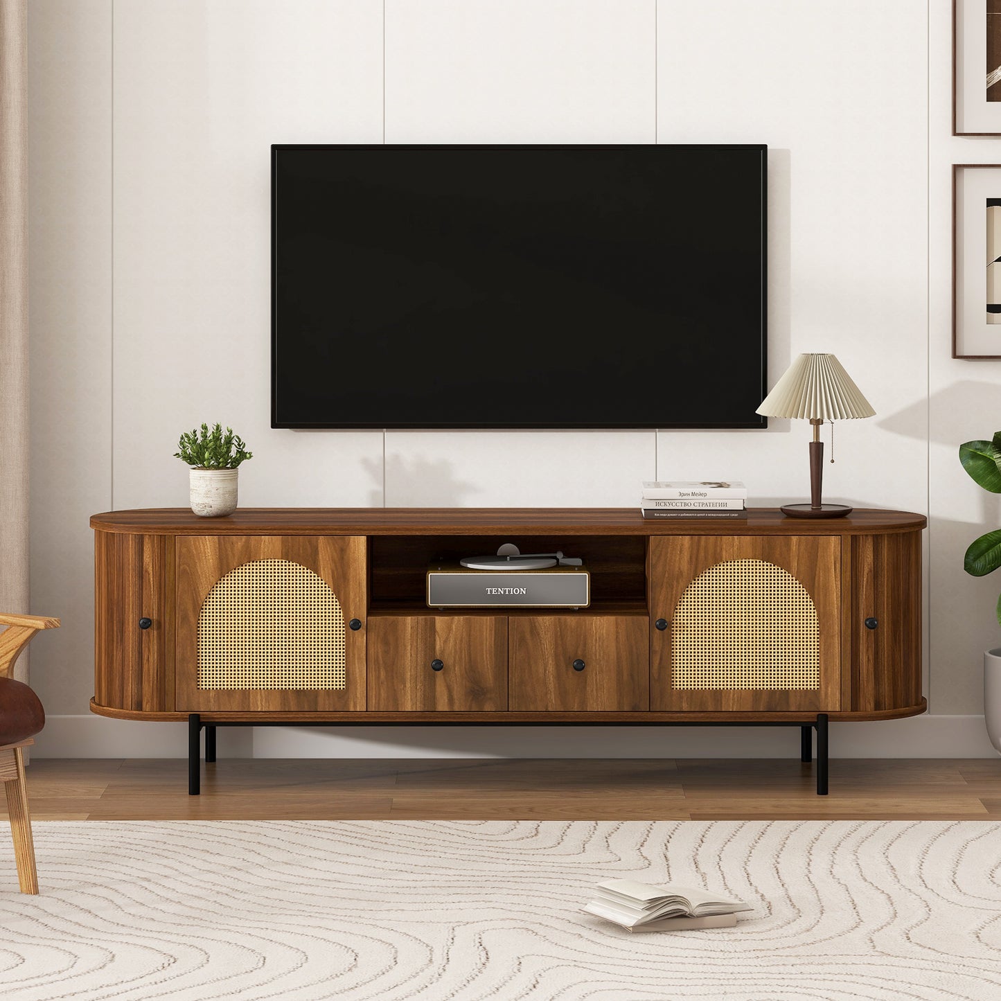 U-Can American Style TV Stand with Rattan Arched Doors, Drawers, Hidden Storage, Steel Legs, Rounded Corners image 1