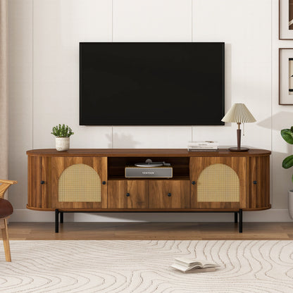 U-Can American Style TV Stand with Rattan Arched Doors, Drawers, Hidden Storage, Steel Legs, Rounded Corners image 1