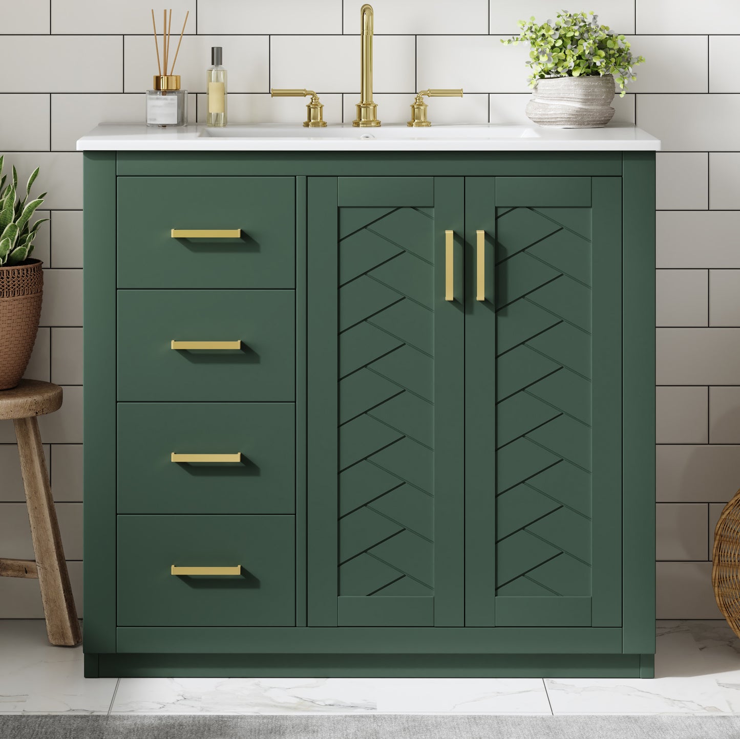 36'' Bathroom Vanity with Ceramic Sink Combo, Solid Wood Frame Bathroom Storage Cabinet, Freestanding Vanity Set with 3 Drawers& Soft Closing Doors image 3