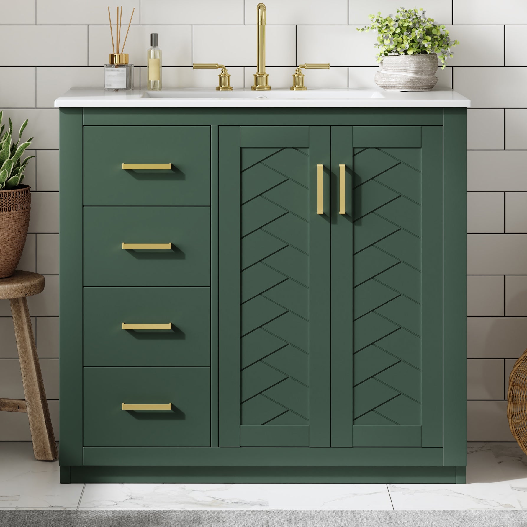 36'' Bathroom Vanity with Ceramic Sink Combo, Solid Wood Frame Bathroom Storage Cabinet, Freestanding Vanity Set with 3 Drawers& Soft Closing Doors image 3