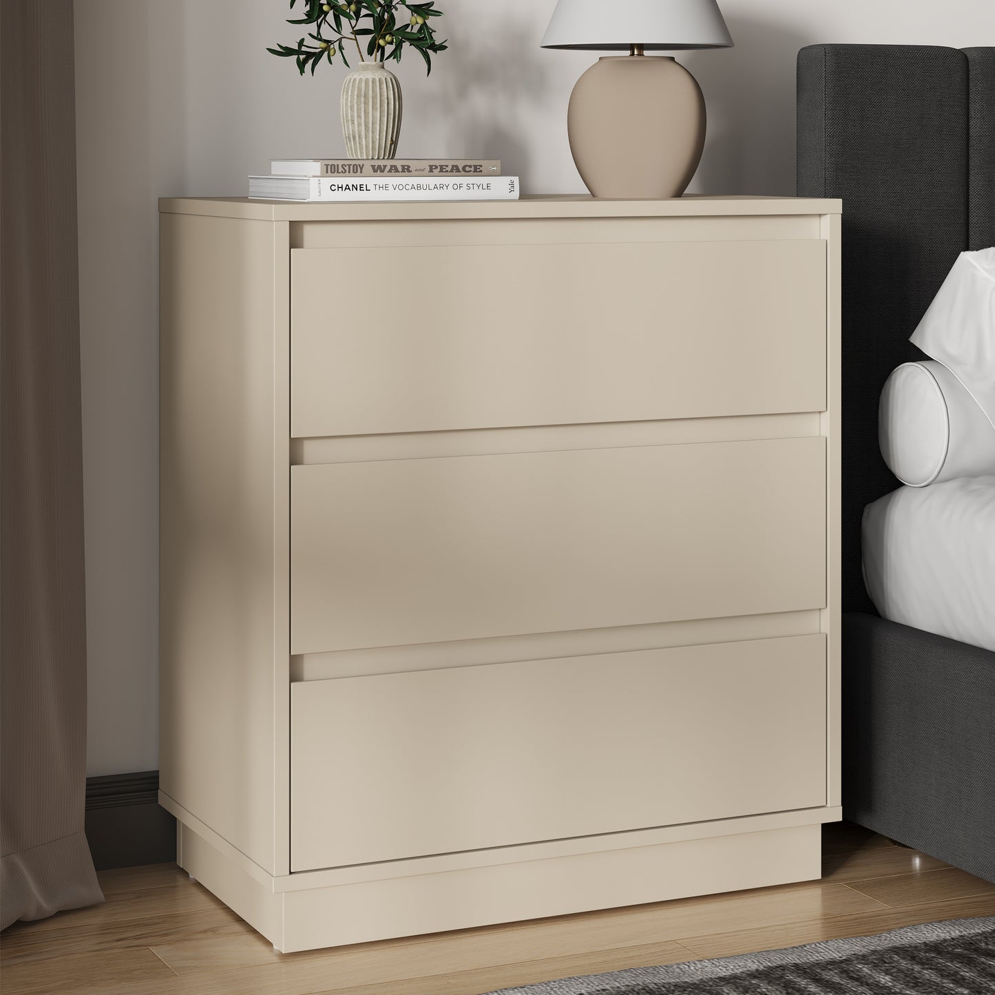 Large 3 Drawer Dresser Set of 2, Modern Nightstand for Bedroom, Wide Bedside Table with Hidden Pull-out System, Wooden Chest of Drawers for Living Room, Entryway, Beige image 6