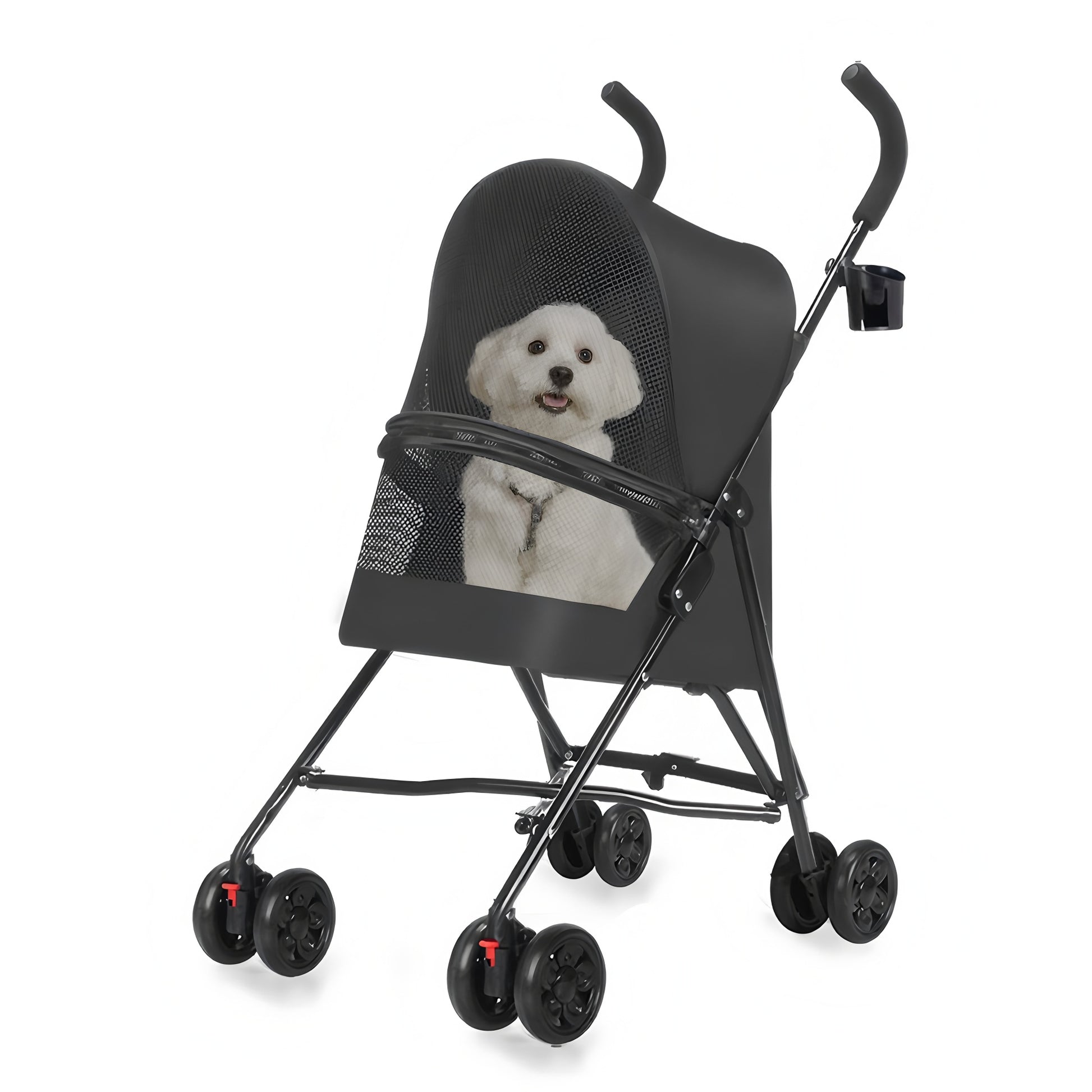 Pet Stroller for Small Dogs Cats with Mesh Ventilation, Lightweight Foldable Design, Cup Holder, Black image 9