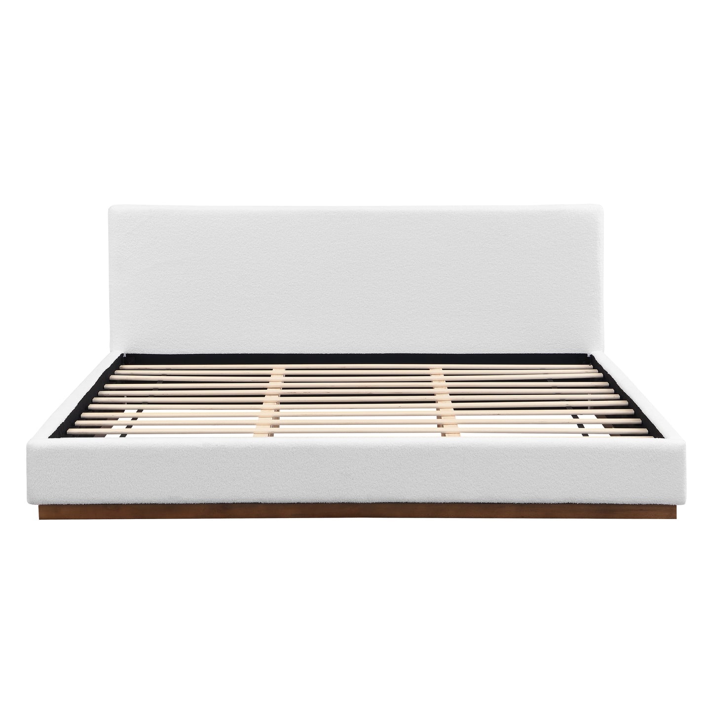 Elegant White Fabric Upholstered Bed With Nice Wood Grain Textured Brown Solid Wood Base Frame,White,King image 2
