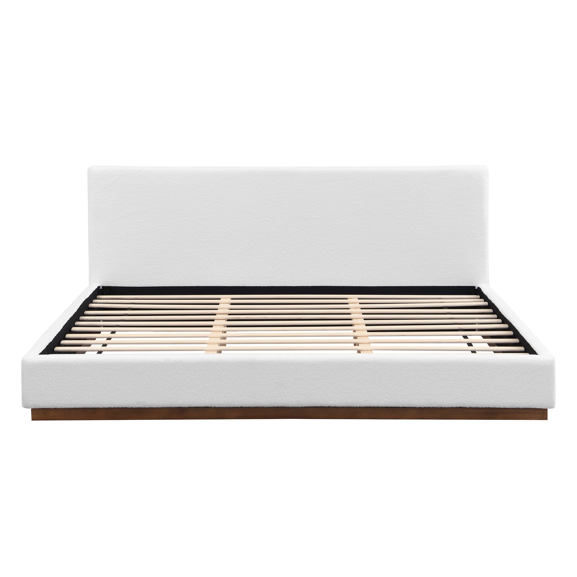 Elegant White Fabric Upholstered Bed With Nice Wood Grain Textured Brown Solid Wood Base Frame,White,King image 2