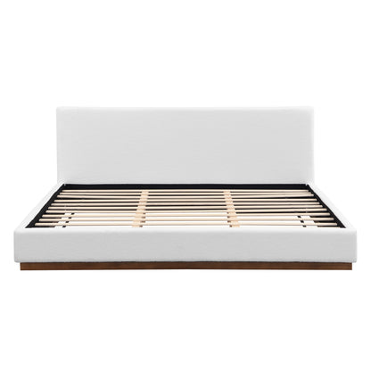 Elegant White Fabric Upholstered Bed With Nice Wood Grain Textured Brown Solid Wood Base Frame,White,King image 2