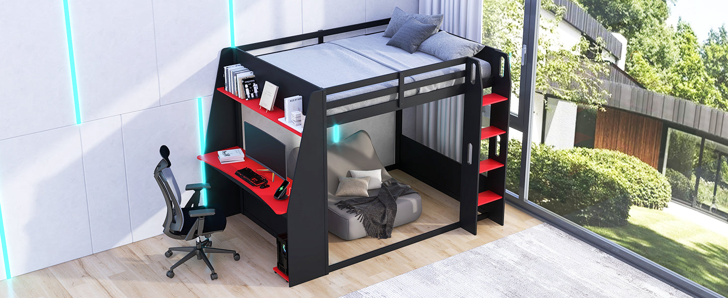 Full Size Wooden Gaming Bunk Bed with Desk,Two Storage Shelves,USB and LED Light image 7