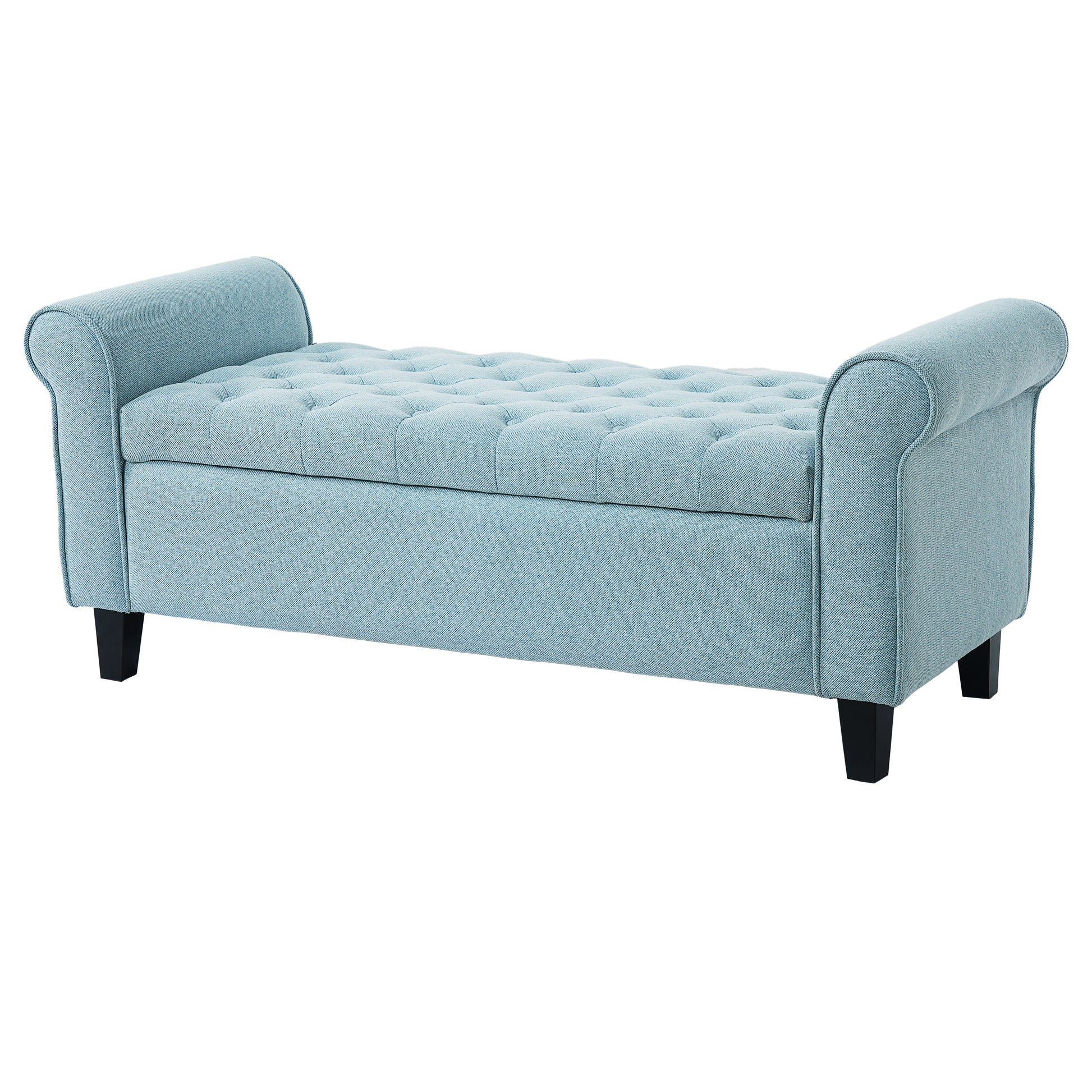 Light Blue Fabric Storage Bench with Rolled Arms, 38" Seat Width, Black Legs, Button Fabric Design, Living Room Bedroom Entryway Furniture image 7