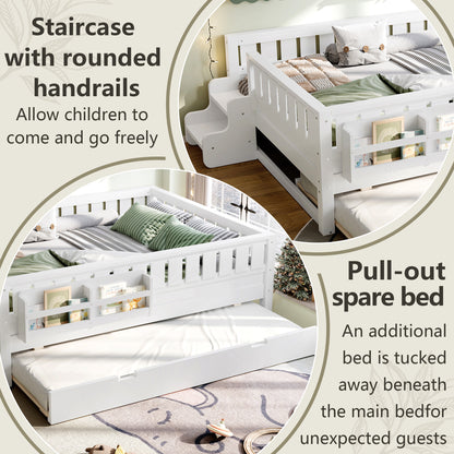 Full with built-in bookshelves and small staircase, high-quality safety rails, and Trundle,White image 6