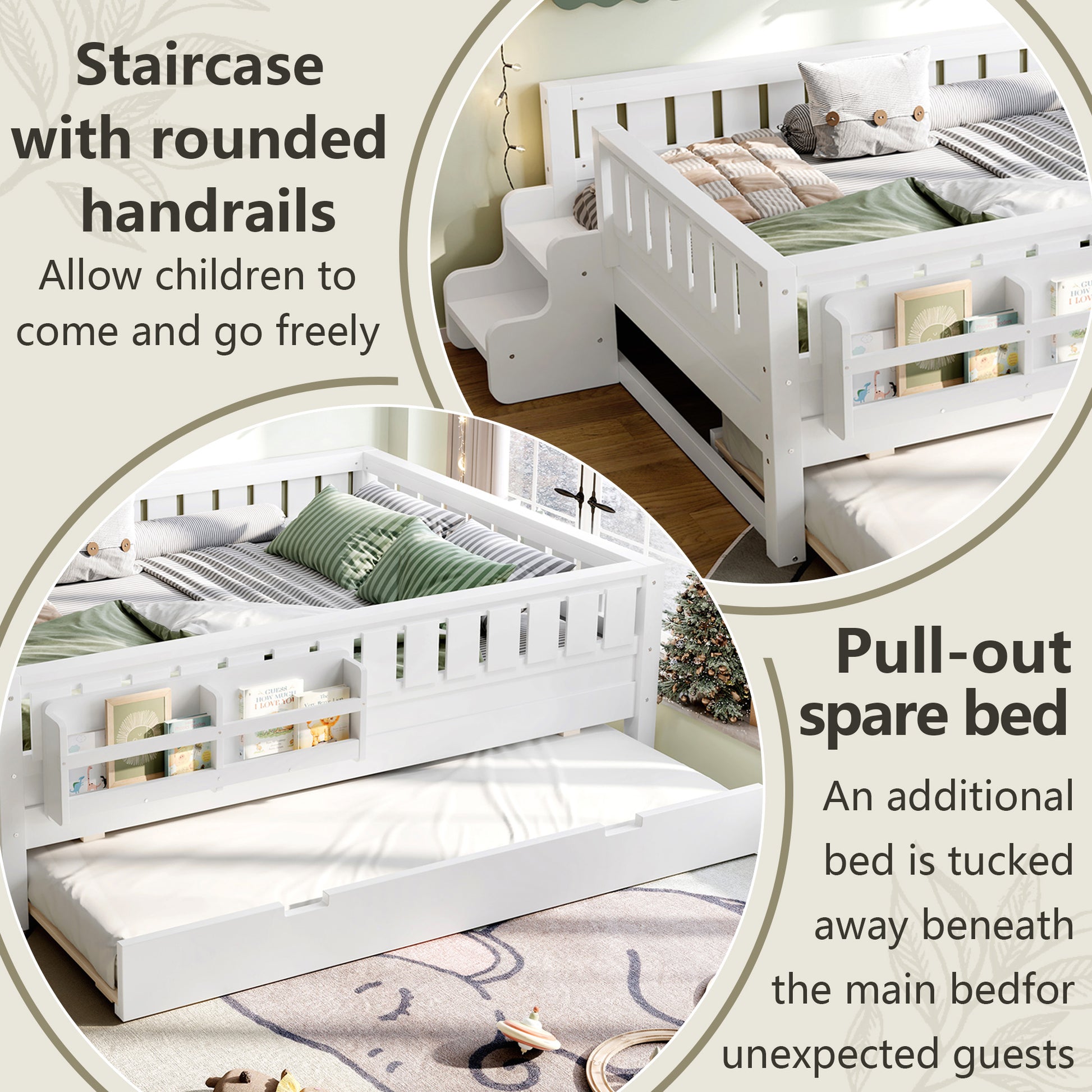 Full with built-in bookshelves and small staircase, high-quality safety rails, and Trundle,White image 6
