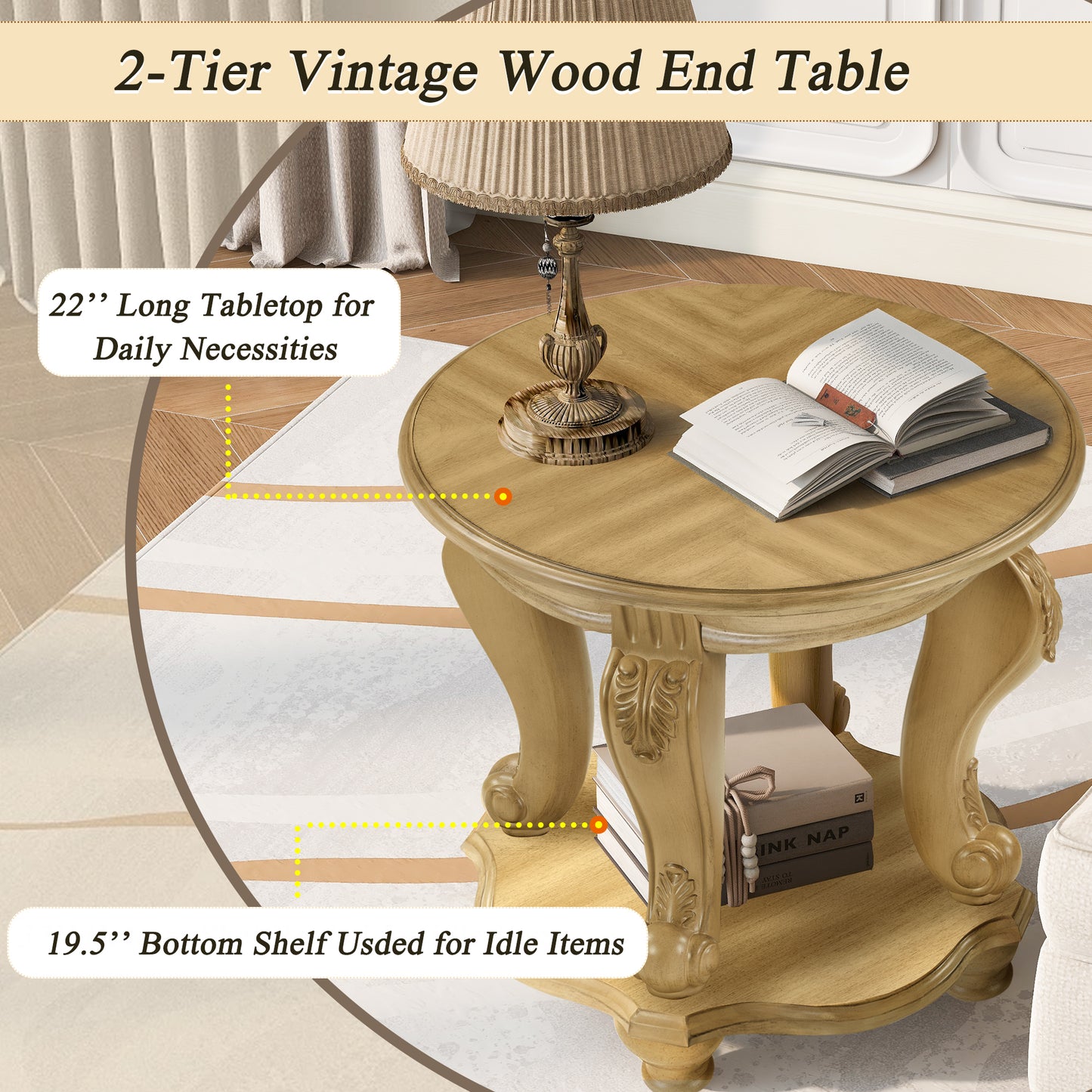 22'' Two Tone Round End Table,Solid Wood Sofa Side Table with Shelf,Living Room Corner Table Easy Assemble, Antique Natural image 4