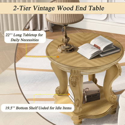 22'' Two Tone Round End Table,Solid Wood Sofa Side Table with Shelf,Living Room Corner Table Easy Assemble, Antique Natural image 4