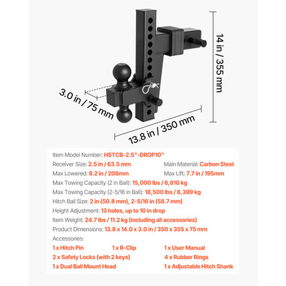 Adjustable Trailer Hitch, Fit 2.5 Inch Receiver, Trailer Hitch Mount with 2 Inch & 2-5/16 Inch Balls, 18500 lbs GTW, 10 Inch Drop, Towing Ball Mounts for RVs, Off-Road Vehicles and Trucks, Black image 2