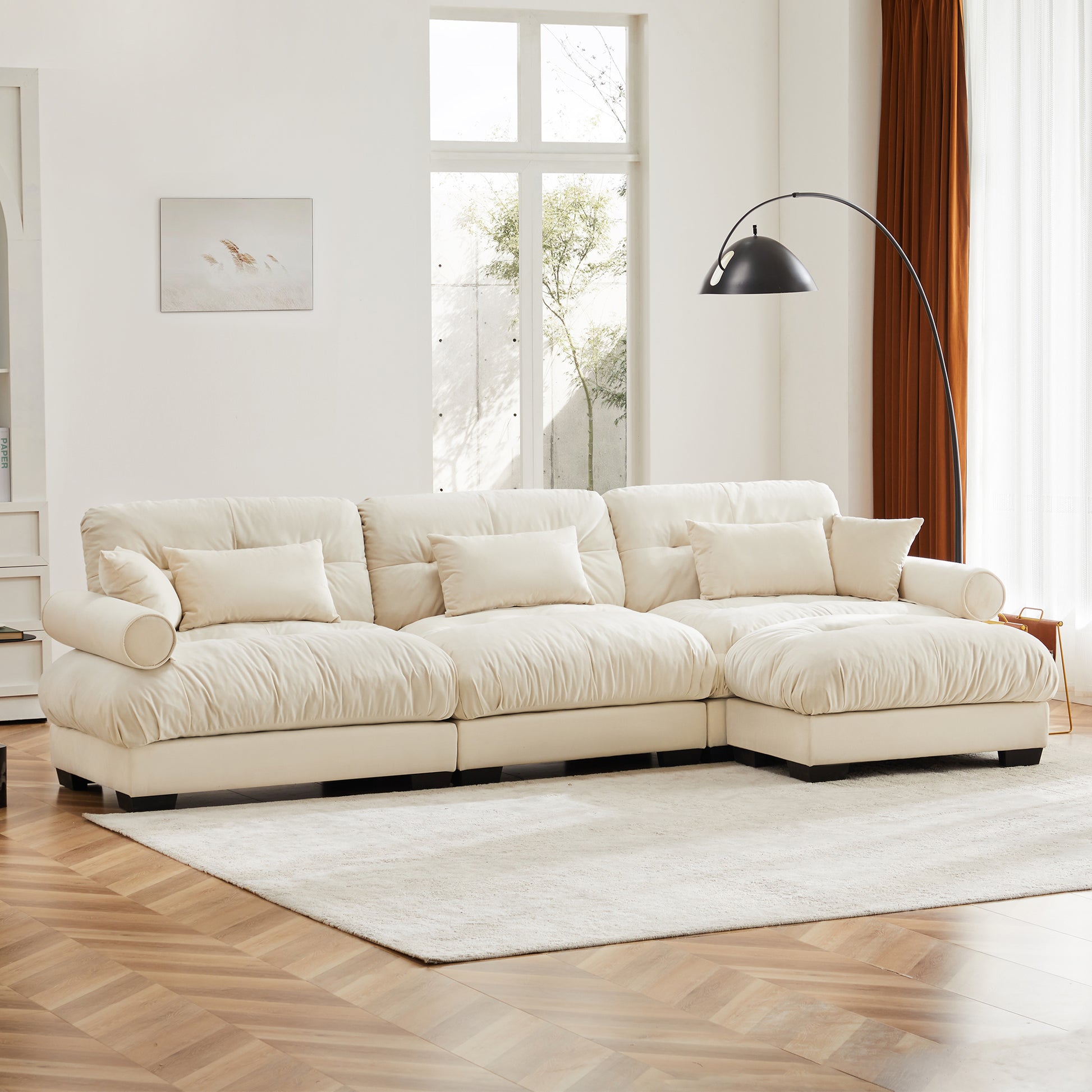 Super Comfort Oversized Modular Velvet Sectional Sofa Couch with Movable Ottoman,Corner Sectional with Bolstered Armrests, Deep Seat Cloud Couch, Convertible L Shaped Couch for Living Room Cream image 2