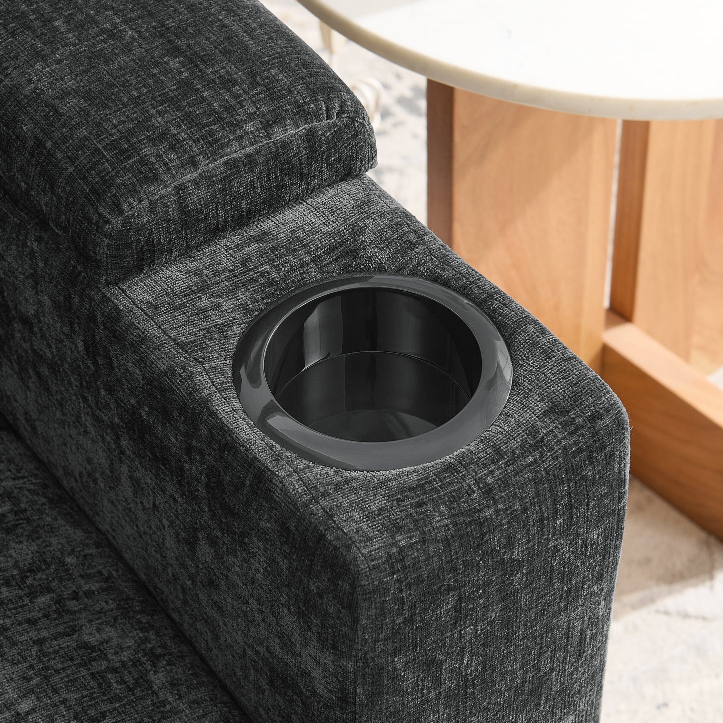 Single sofa recliner with manually adjustable backrest, USB charging port on the armrest side, phone stand included, hidden armrest storage, and a matching storage ottoman-Black image 8