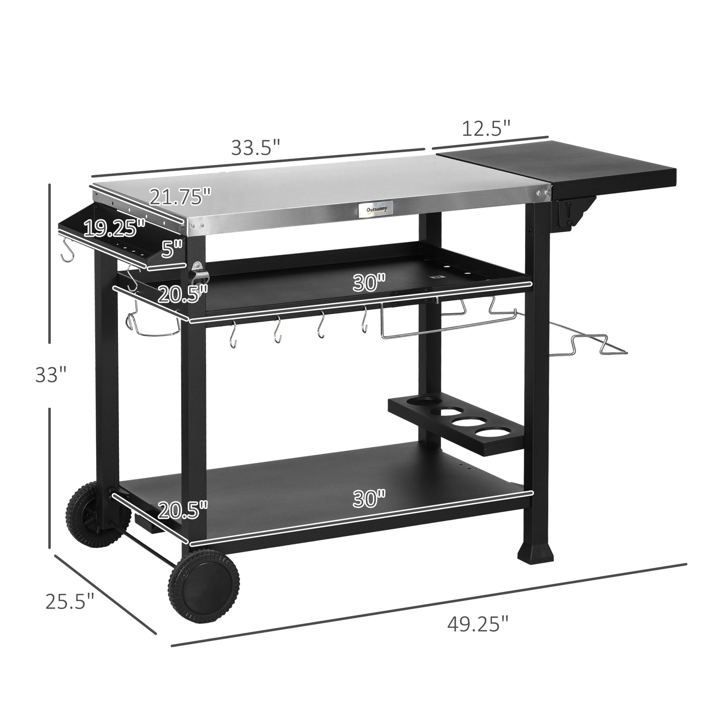 Outsunny Outdoor Grill Cart with Foldable Side Table, 46" x 21.75" Multifunctional Stainless Steel Pizza Oven Stand with Three-Shelf, Movable Food Prep Table on Wheels, Black image 3