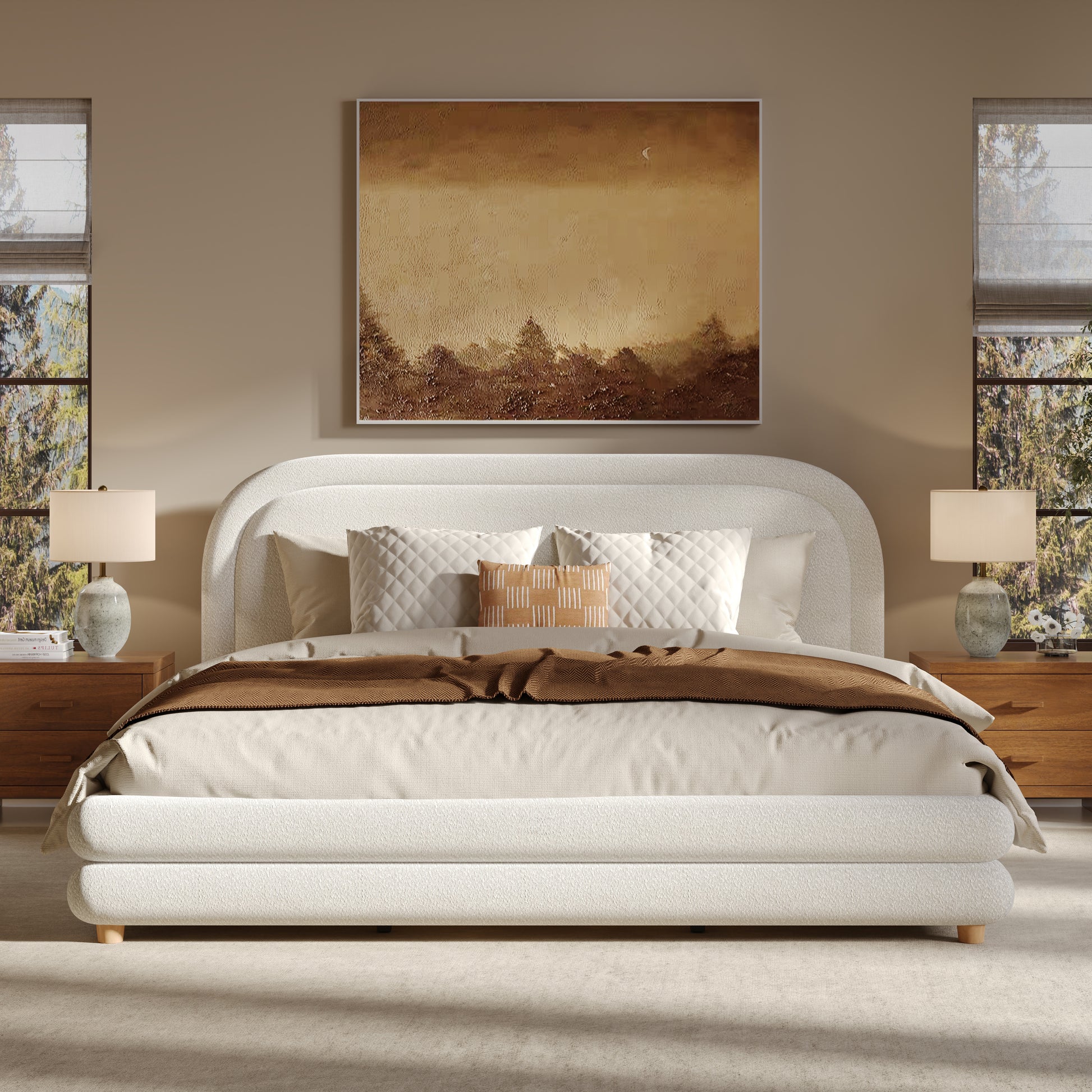 King Size Bed Frame With Boucle Upholstered Thick Curved Headboard, Solid Wood Legs, White image 2