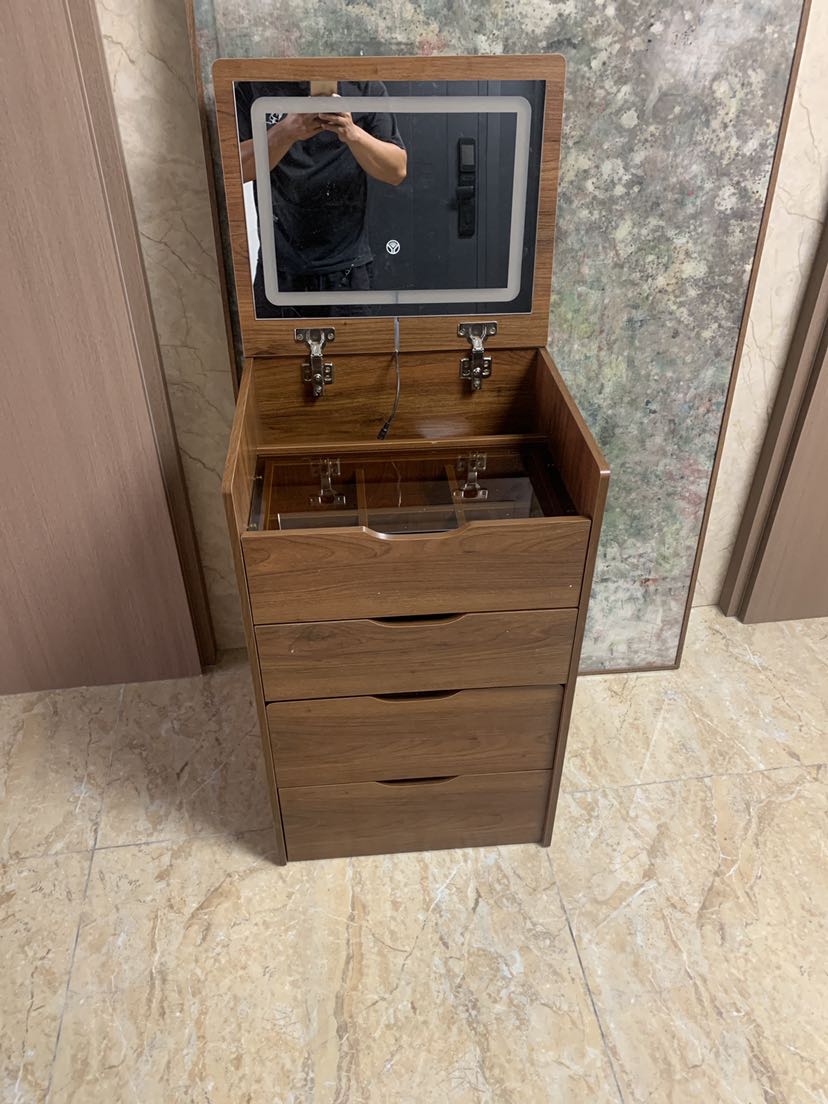 (60cm) 3 in 1 Vanity Desk with Plip Top Mirror, Small Make Up Vanity Set with Visible Glass Desktop, Compact Makeup Vanity with 3 Drawers, Dressing Table for Bedroom (Walnut Color) image 5