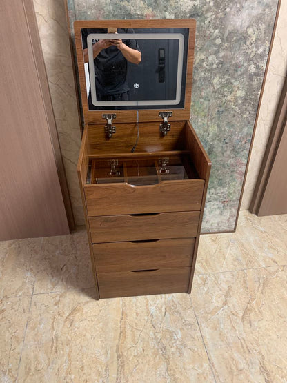 (60cm) 3 in 1 Vanity Desk with Plip Top Mirror, Small Make Up Vanity Set with Visible Glass Desktop, Compact Makeup Vanity with 3 Drawers, Dressing Table for Bedroom (Walnut Color) image 5