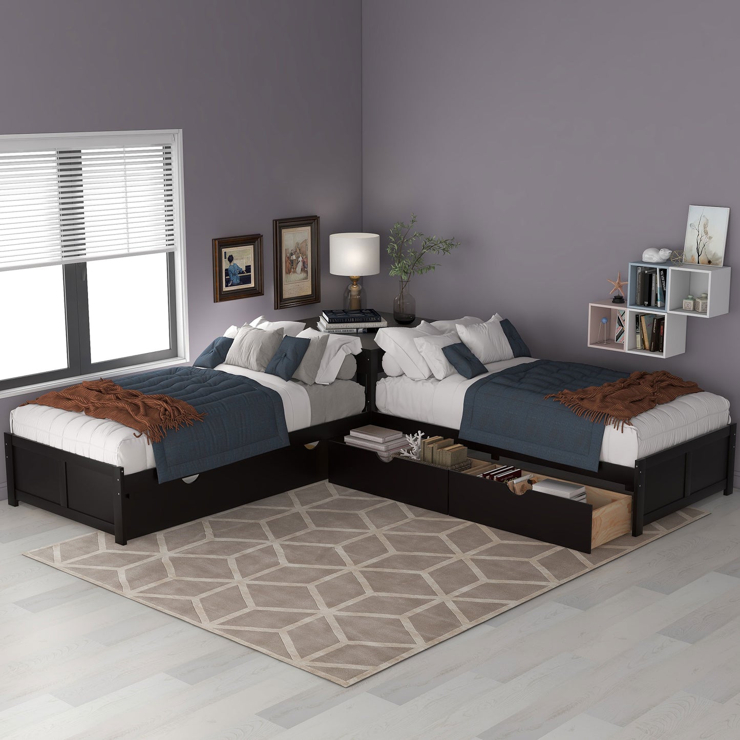 L-shaped Platform Bed with Trundle and Drawers Linked with built-in Desk,Twin,Espresso(Old SKU:SM000916AAP) image 2