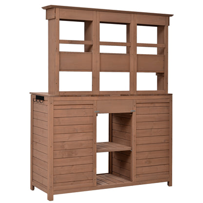 [Assembly Video Provided] TOPMAX 65.7'' H Tall Garden Potting Bench Table with Hutch,Patio Storage Workstation with 3 Shelves,6 Drawers,2 Bottom Cabinets&Side Hooks for Mudroom,Doorway, Brown image 12