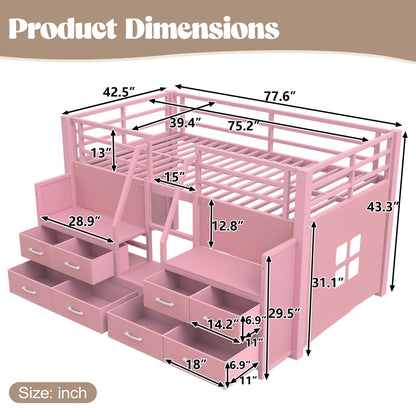 Twin Low Loft Bed with Multi-Storage Spaces, Including Fabric Drawers, Fabric Shelves Beside the Bed, Storage Stairs, Metal Loft Bed with Lights and Ample Under-bed Spaces, Pink image 12