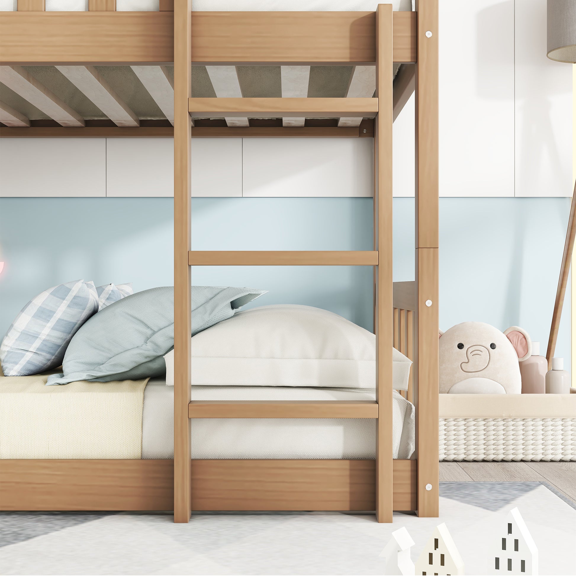 Twin Size Triple Rubber Wood Bunk Bed, with Ladders, Guardrails Detachable Bunk Bed, Twin over Twin over Twin,Natural image 8