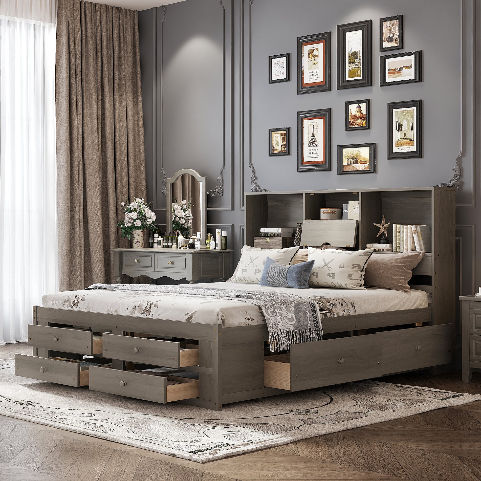 King Size Platform Bed with Storage Headboard and 8 Drawers, Gray image 1