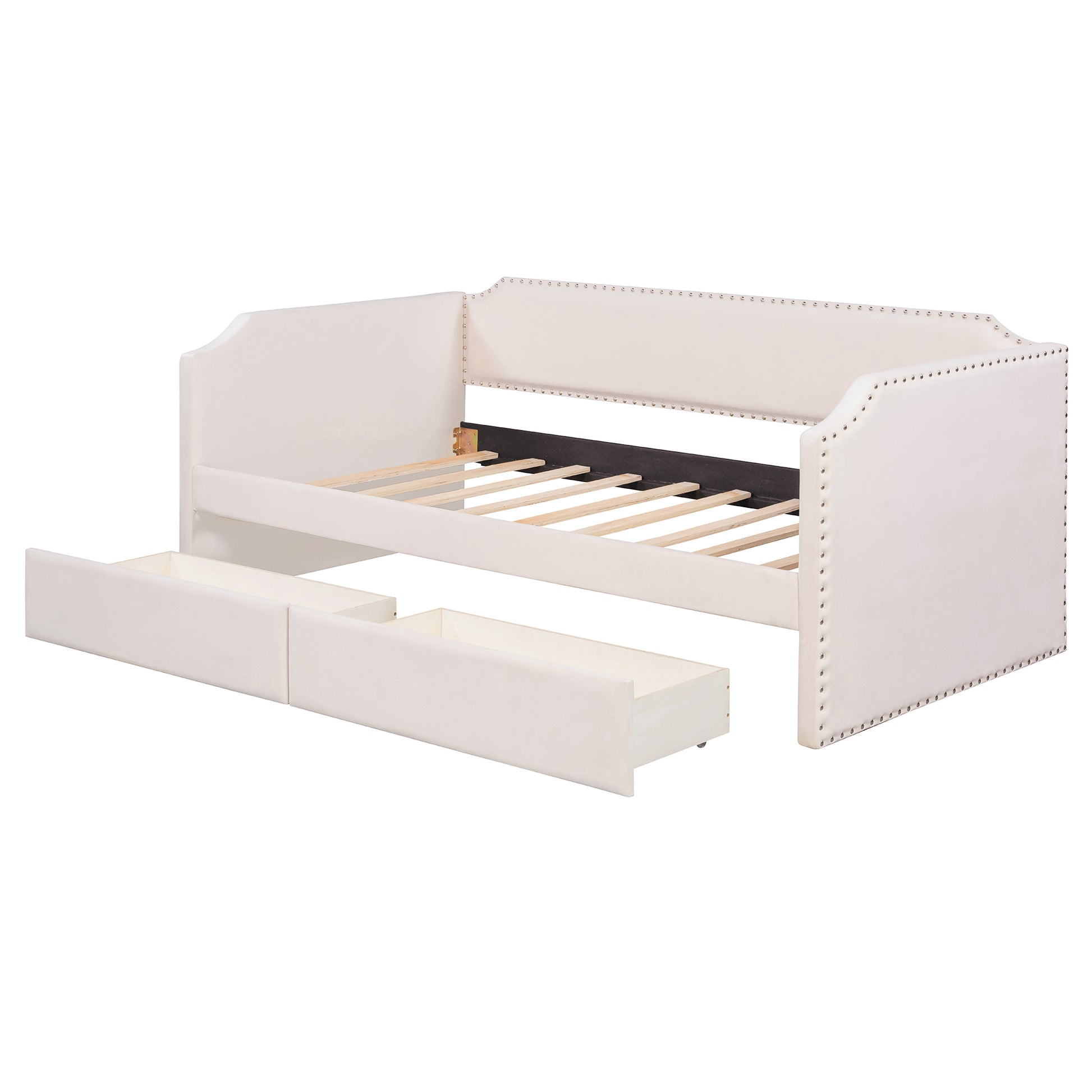 Twin Size Velvet Upholstered Daybed with 2 Drawers, Beige image 6