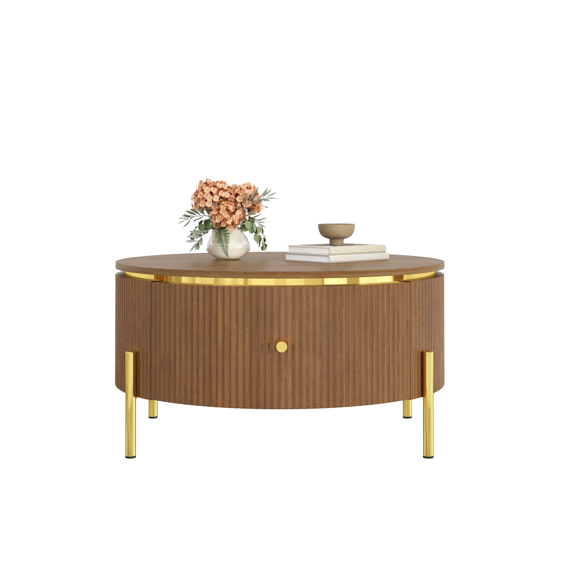 Modern Round Coffee Table with 2 large Drawers Storage Accent Table, Brown, 31.5" image 12