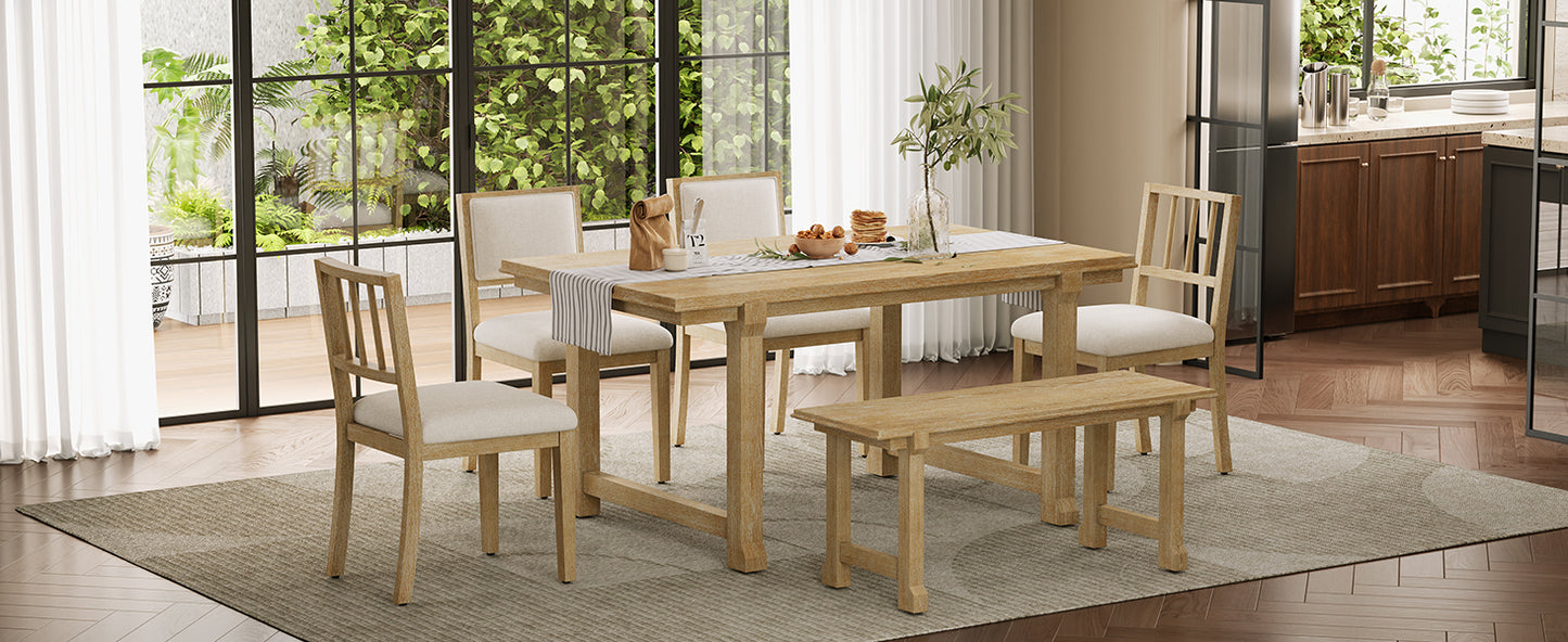TREXM 6-Piece Farmhouse Dining Set for 6, Kitchen & Dining Room Sets with Solid Wood Legs and Frame, Ergonomic Dual-Style Chairs, Ideal for Kitchen & Dining Room (Natural Wood Wash+ Beige) image 5