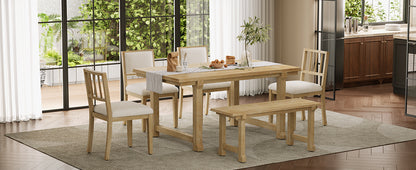 TREXM 6-Piece Farmhouse Dining Set for 6, Kitchen & Dining Room Sets with Solid Wood Legs and Frame, Ergonomic Dual-Style Chairs, Ideal for Kitchen & Dining Room (Natural Wood Wash+ Beige) image 5
