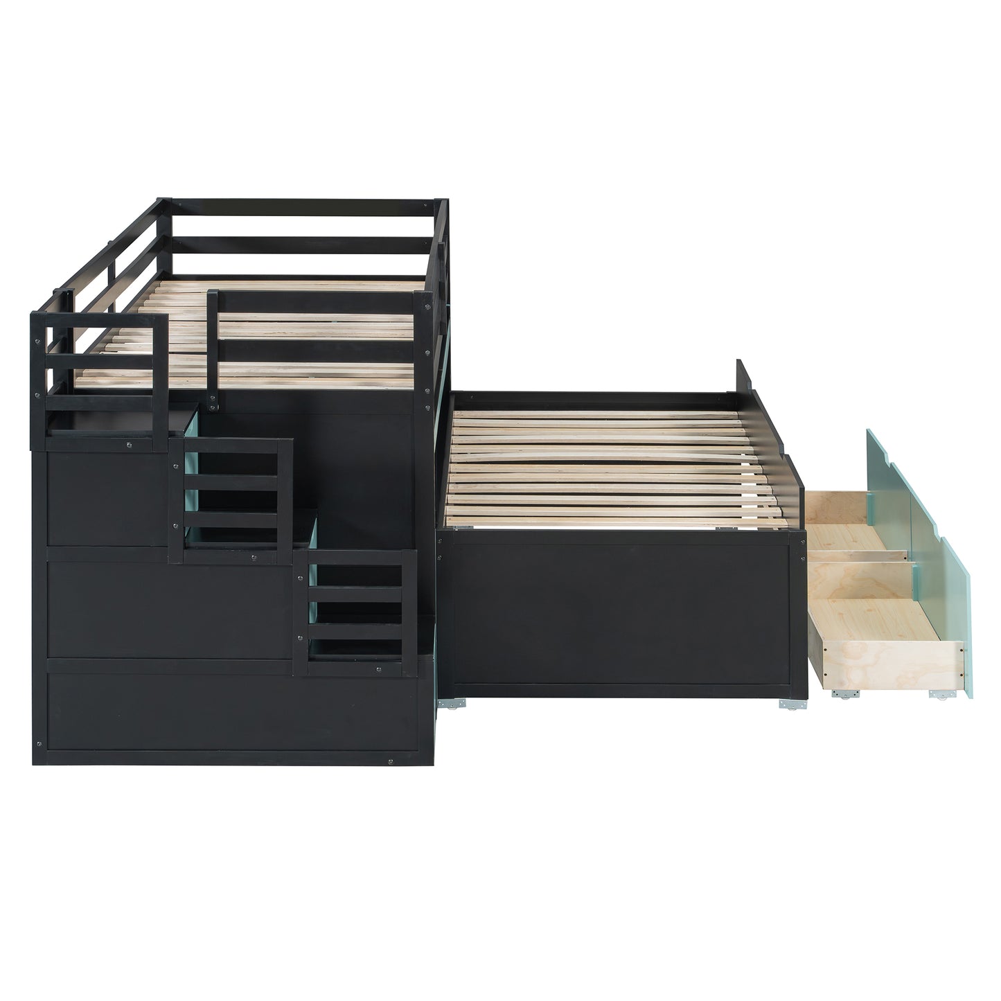 Twin XL Loft Bed with Pull-Out Desk and Twin Trundle, Multi-Functional Bunk Bed with 2 Storage Drawers and Storage Steps, Space-Saving Gaming & Workstation Bedframe, Black+Blue image 12