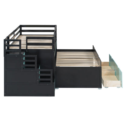 Twin XL Loft Bed with Pull-Out Desk and Twin Trundle, Multi-Functional Bunk Bed with 2 Storage Drawers and Storage Steps, Space-Saving Gaming & Workstation Bedframe, Black+Blue image 12