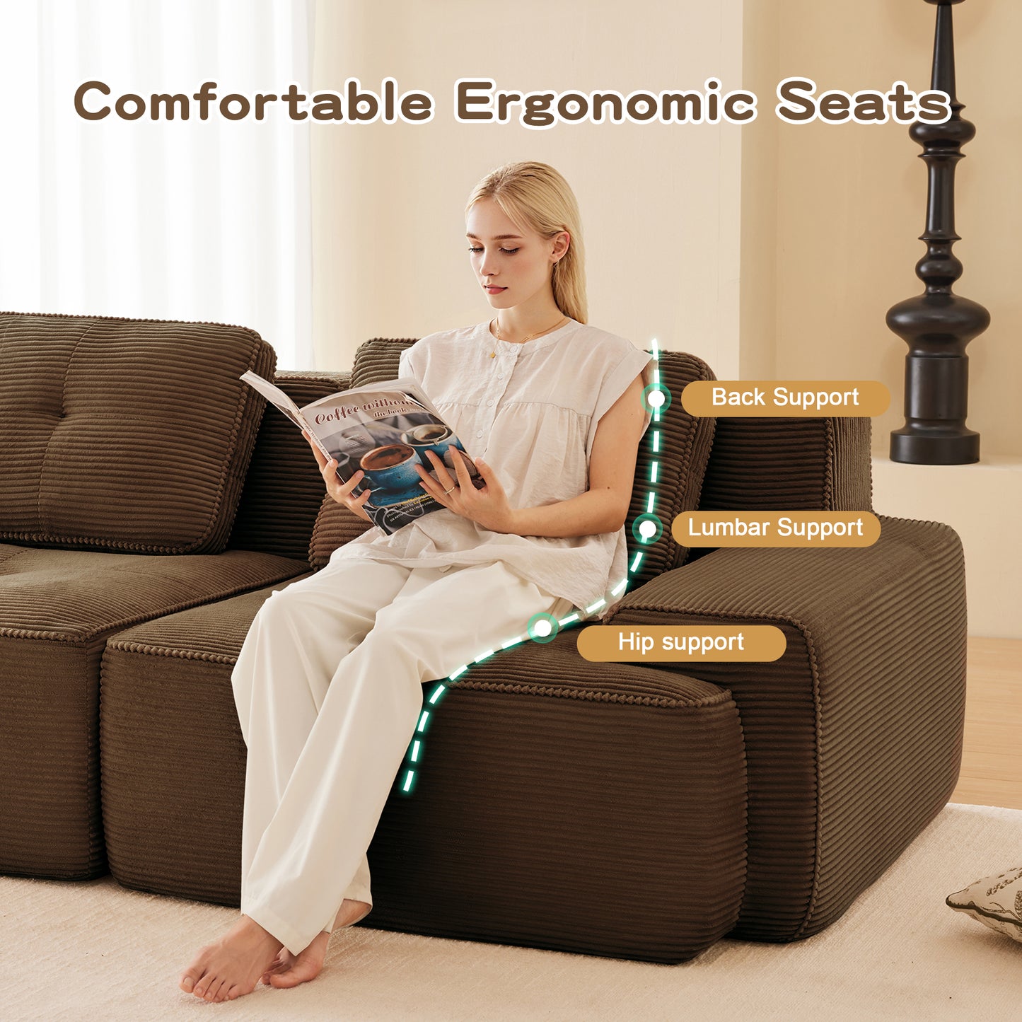 82" Modern L-Shaped Modular Sectional Sofa for Living Room, Corduroy Fabric, 2-Seater Couch with Deep Seat, Pearl-like piping, Tufted Design, No Assembly, Anti-slip Design​, Brown image 7