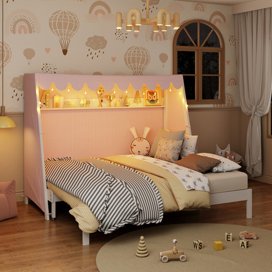 Twin XL House Bed with Twin XL Trundle, Shelf, Tent and Light, White image 1