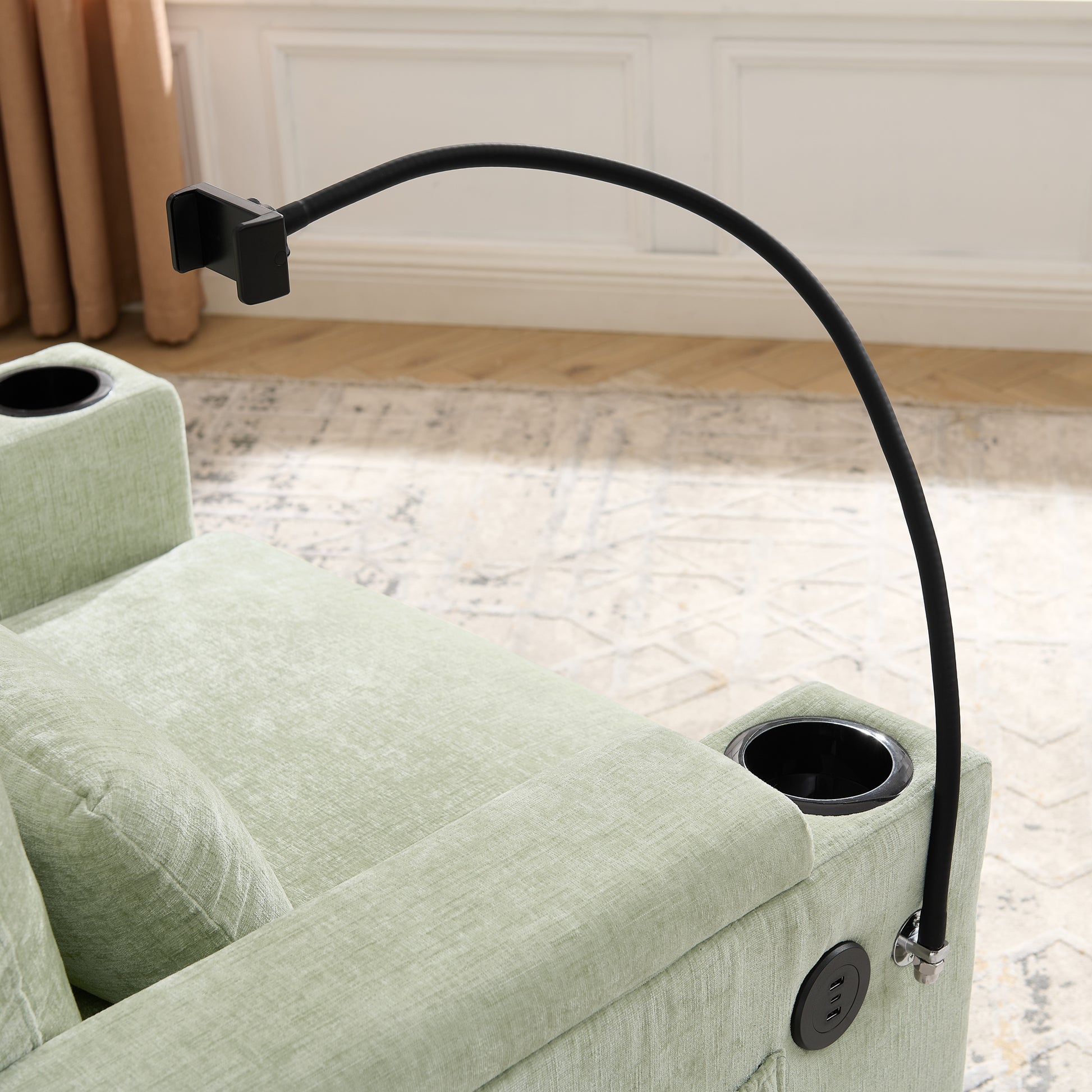 Single sofa recliner with manually adjustable backrest, USB charging port on the armrest side, phone stand included, hidden armrest storage, and a matching storage ottoman-Cyan image 8