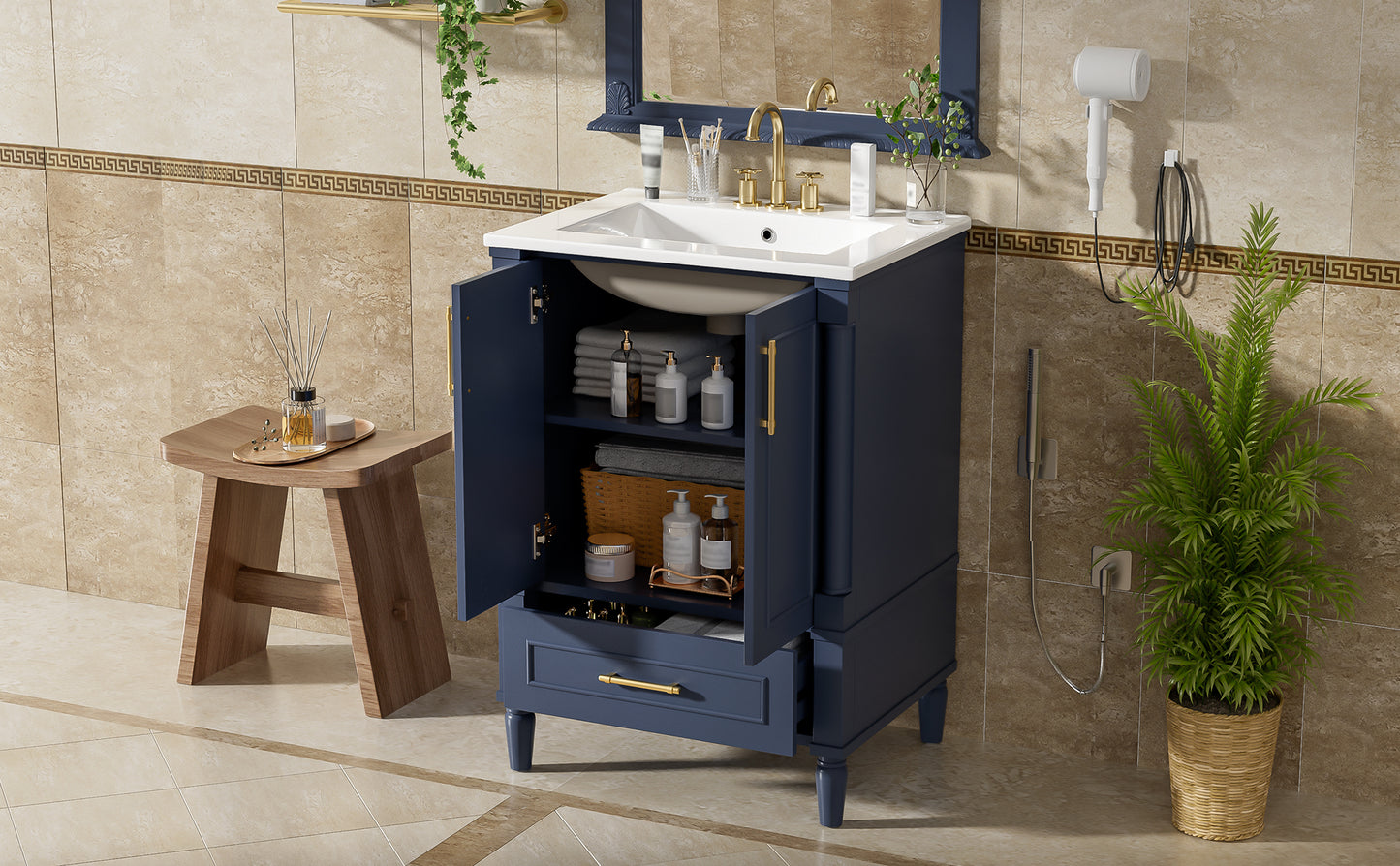 24" Modern Bathroom Vanity with Ornate Motif Design & Soft-Close Hinges, Bathroom Cabinet with Drawer and Back Open Structure, Ornately Carved French Cylinder Legs image 11