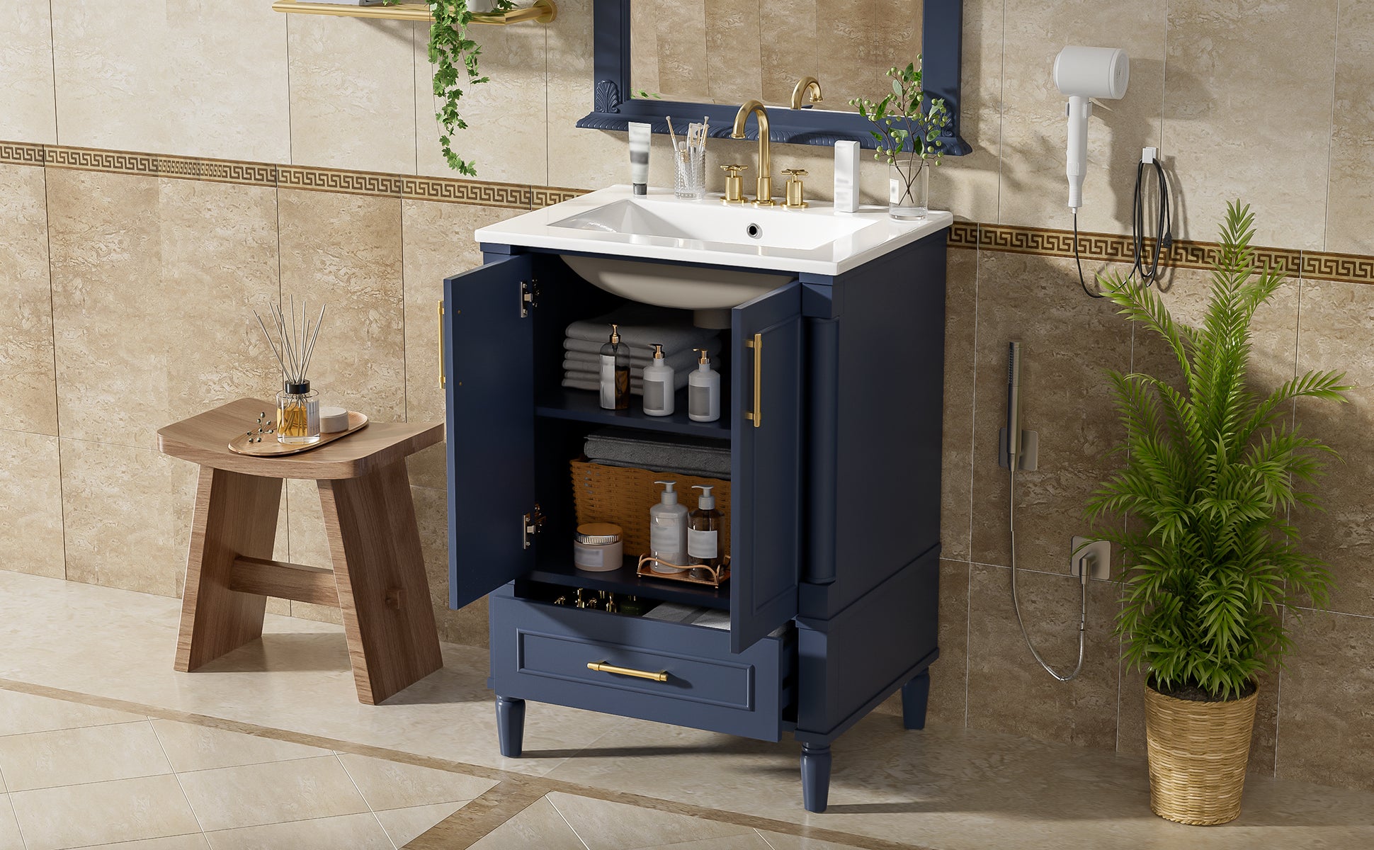 24" Modern Bathroom Vanity with Ornate Motif Design & Soft-Close Hinges, Bathroom Cabinet with Drawer and Back Open Structure, Ornately Carved French Cylinder Legs image 11