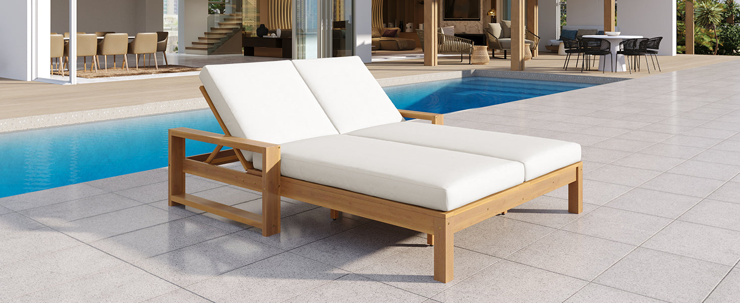 TREXM Outdoor Double Lounge Chair with 5-Position Adjustable Backrest for Each Seat, Wood Patio Chaise Lounge with Removable Cushions for Patio, Poolside, Garden (Light Teak+Beige cushion) image 10