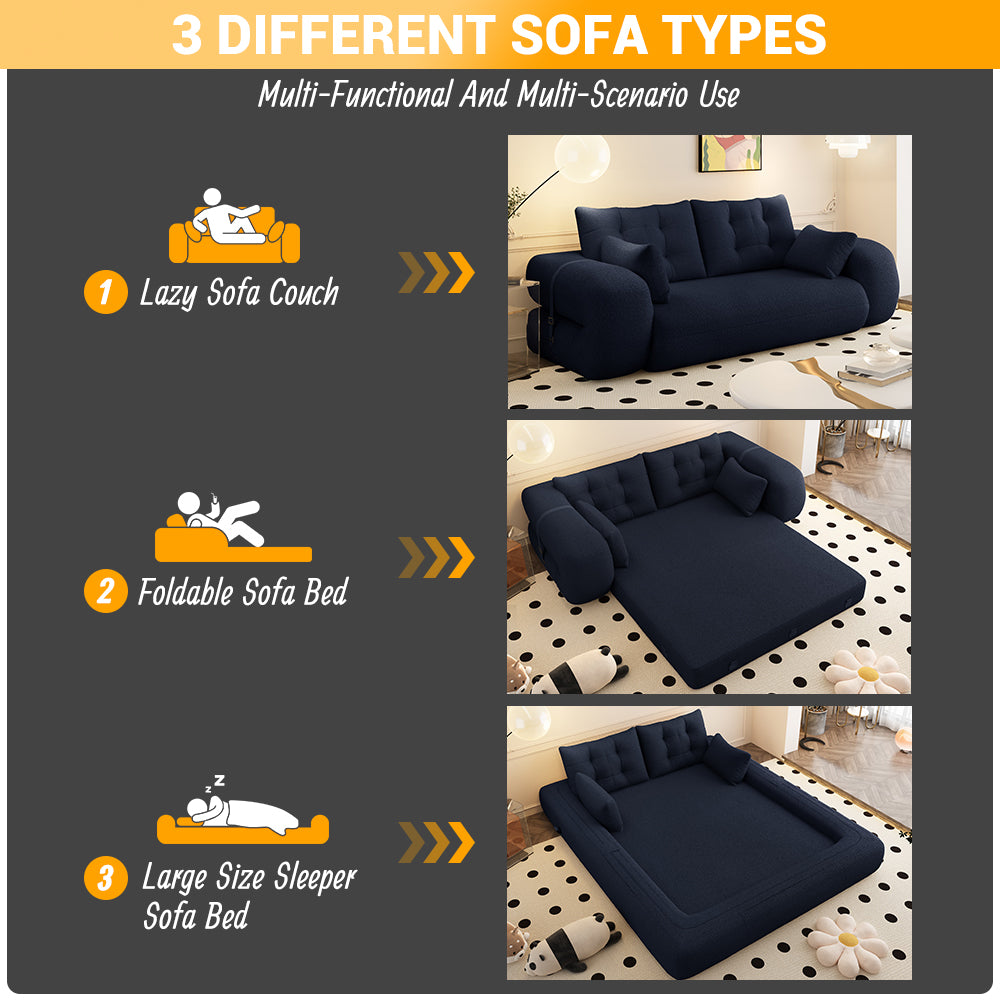 Human Dog Bed, Lazy Sofa Couch, 78.7" Multi-Functional Foldable Sofa Bed, 3-in-1 Sherpa Fleece Fabric Foam-Filled Sleeper Sofa Bed for Living Room,Guest Bed,Playroom,Dark blue image 9