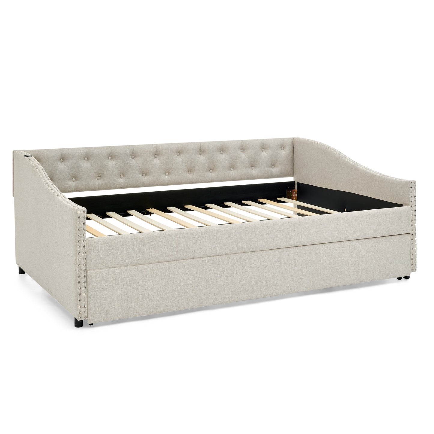 Full Size Daybed with USB Charging & Twin Size Pull-out Extendable Bed, with Button on Back and Copper Nail on Waved Shape Arms image 5