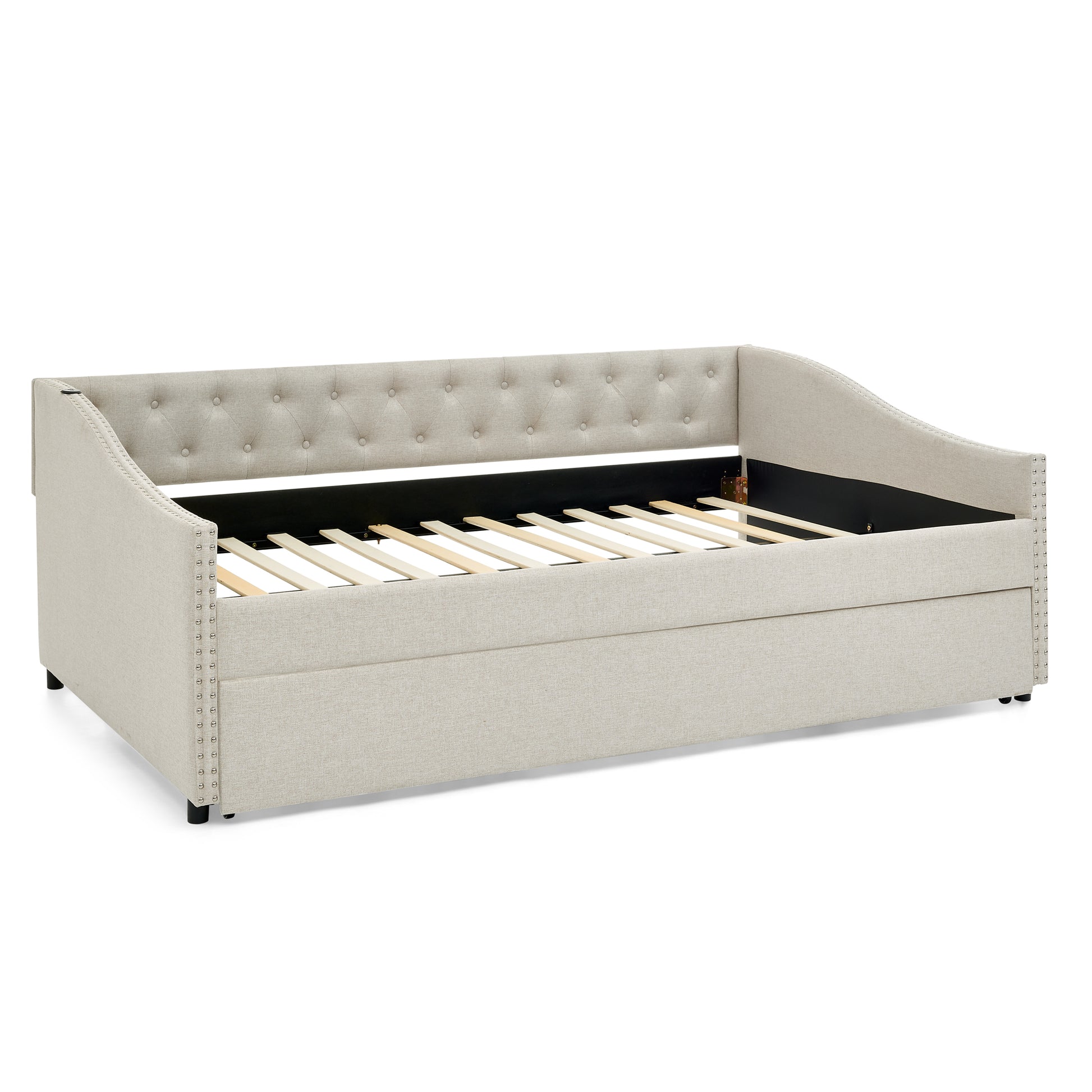 Full Size Daybed with USB Charging & Twin Size Pull-out Extendable Bed, with Button on Back and Copper Nail on Waved Shape Arms image 5