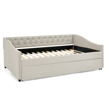 Full Size Daybed with USB Charging & Twin Size Pull-out Extendable Bed, with Button on Back and Copper Nail on Waved Shape Arms image 5