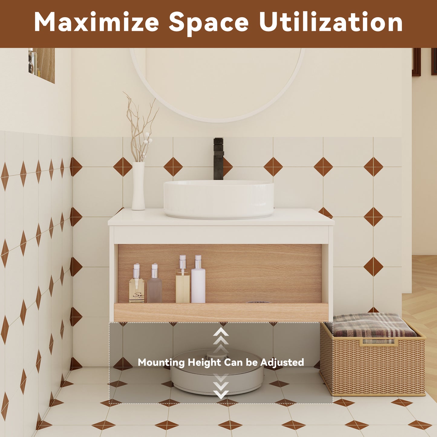 30" Floating Bathroom Vanity with Glossy White Round Vessel Sink, Wall-Mounted Vanity with Open Shelf Storage, White Finish with Durable Countertop, Space-Saving Modern Design (Ships in 2 Boxes) image 5