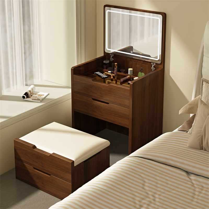 (48cm)(Walnut) 3 in 1 Vanity Desk with Plip Top Mirror,Small Make Up Vanity Set with Visible Glass Desktop, Compact Makeup Vanity with 3 Drawers, Dressing Table image 12
