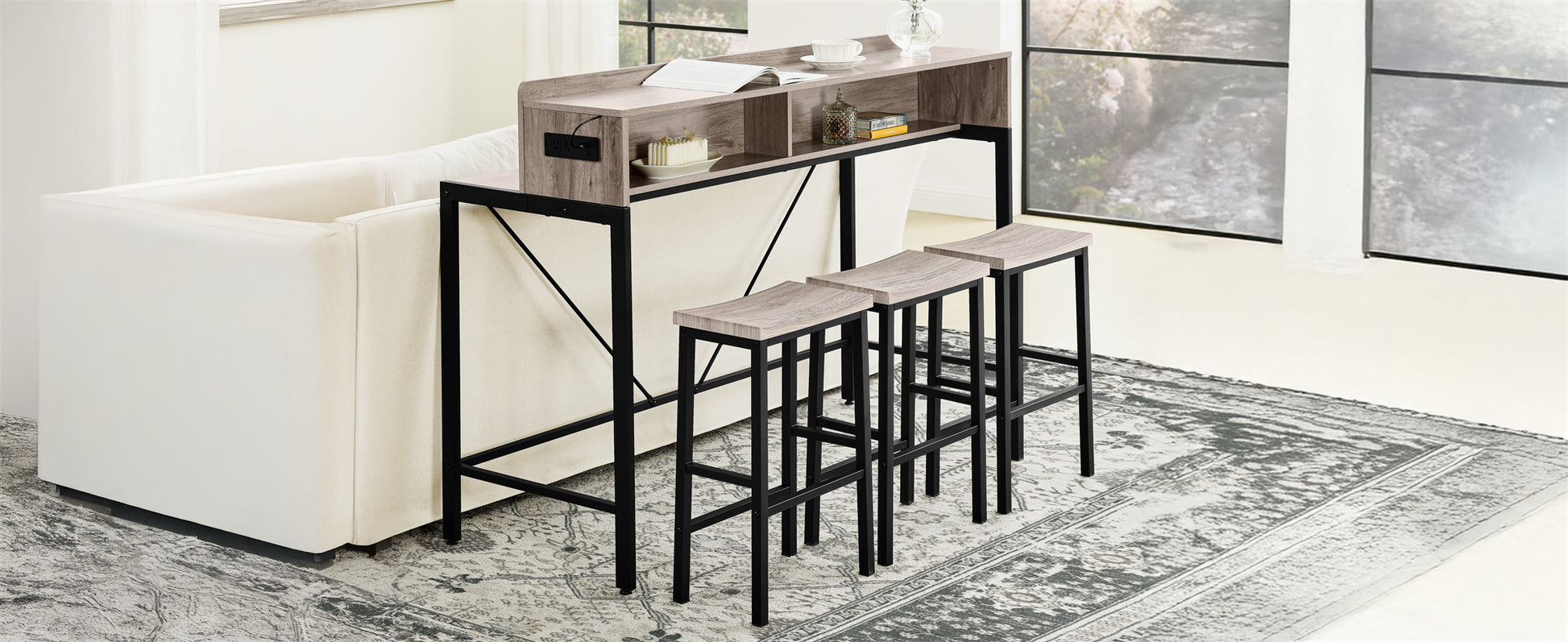 59 inch bar table, dining table, sofa table with power socket and LED light, 3 saddle stools, 4-piece bar table and chairs set for living room, dining room and kitchen image 5