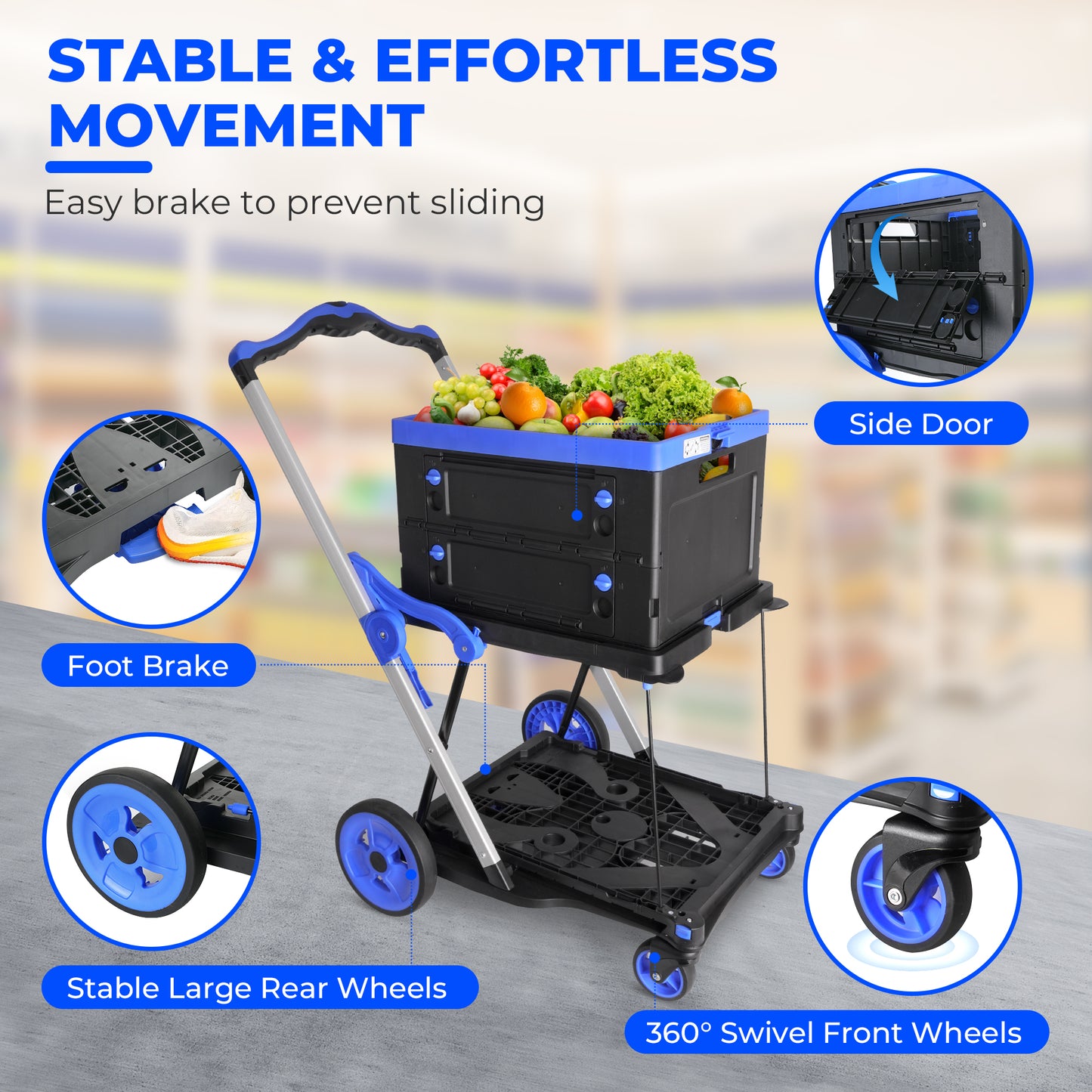 2-Tier Folding Cart Multi Use Functional Collapsible carts Shopping Trolley with Wheels Shopping Cart with Storage Crate Utility Cart for Groceries Warehouse Supermarket image 4