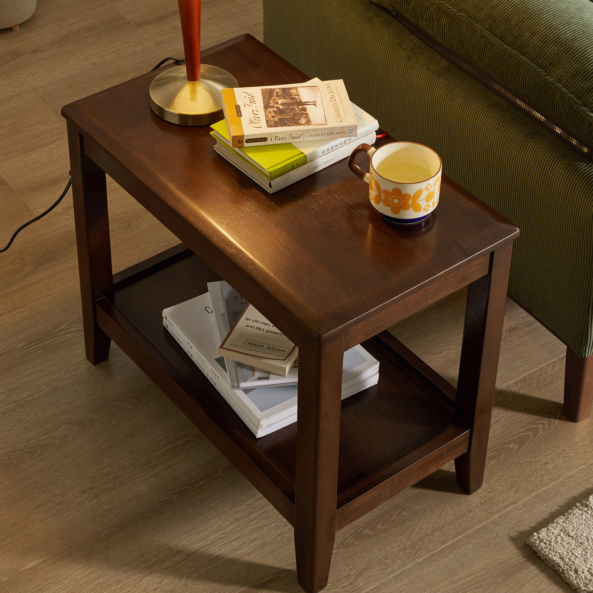 100% Solid Wood Rustic Side Table for Living Room,End Table with Storage Shelf 2-Tier Sofa Table for Living Room, Rubber Wood Indoor Plant Stand image 4
