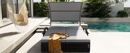 U_STYLE Outdoor Steel Frame Sun Lounger with Adjustable Backrest,Patio Double Sunbed with Hidden Side Table and Arched Armrests,Suitable for Patio Pool Deck,Garden,Backyard image 5