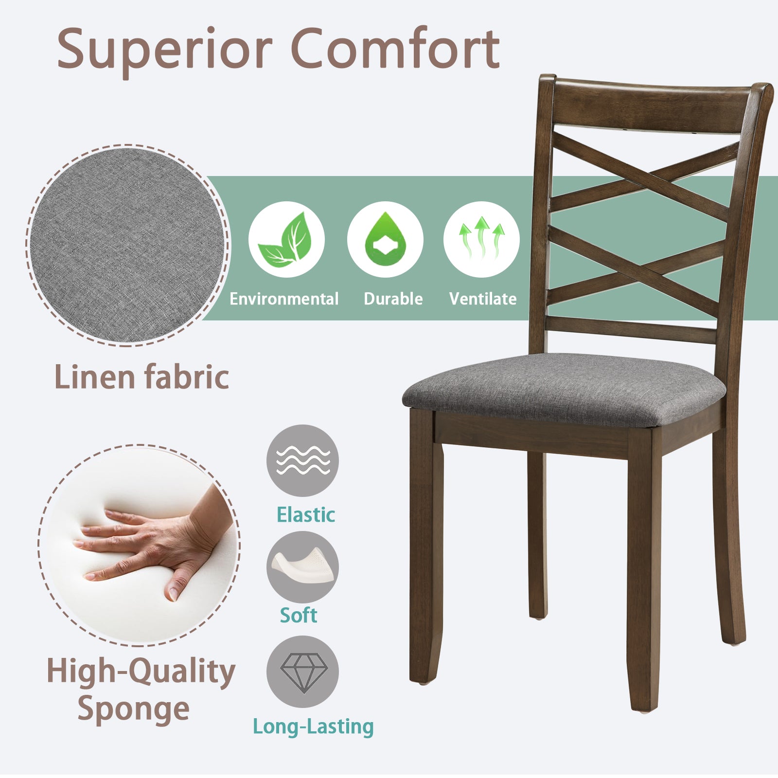 Dining Chairs Only, Wooden Dining Chairs Set of 4, Kitchen Chair with Padded Seat, Upholstered Side Chair for Dining Room, Living Room, Walnut image 7